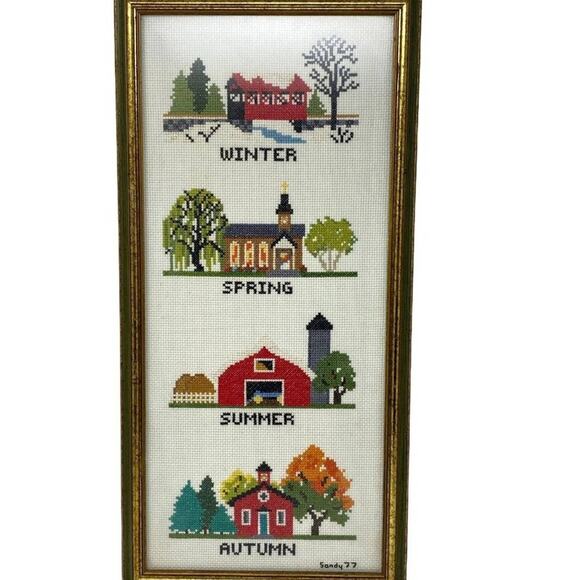 1977 Four Seasons Cross-Stitch Church Barn Trees Professional Framed - Picture 1 of 9